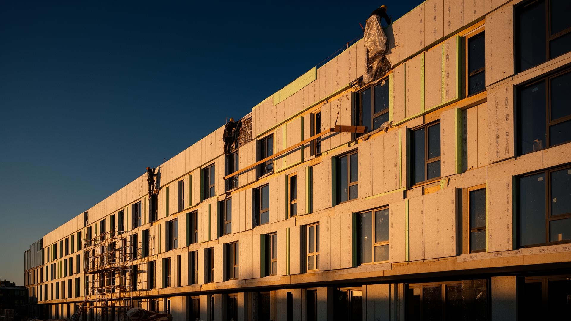 Façade d'un bâtiment moderne en cours d'isolation thermique
